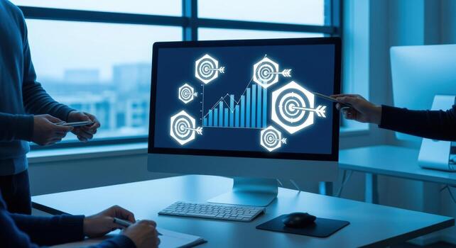 Business Team Analyzing Data Targets on a Computer Display, Illustrating Strategic Planning and Achieving Goals photo