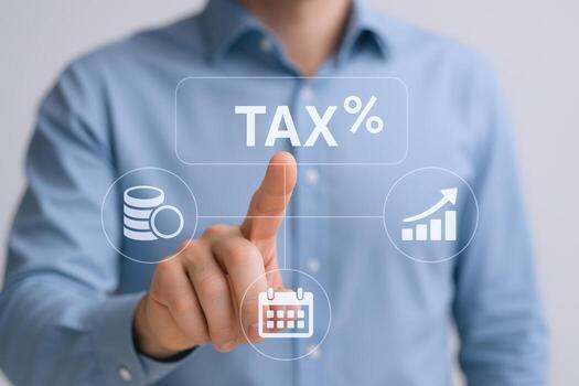 Online Tax Filing Concept Man Interacting with Digital Interface Displaying Tax Information and Financial Growth photo