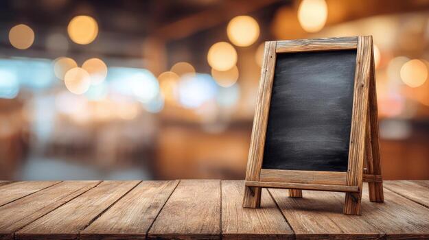 Blank Chalkboard Menu Stand on Wood Tabletop with Blurred Restaurant or Cafe Background for Custom Messaging photo