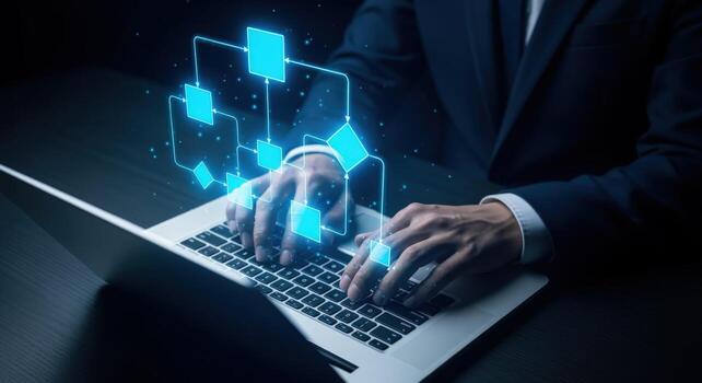 empresario mecanografía en ordenador portátil con digital flujo de trabajo visualización para proceso automatización y mejoramiento foto