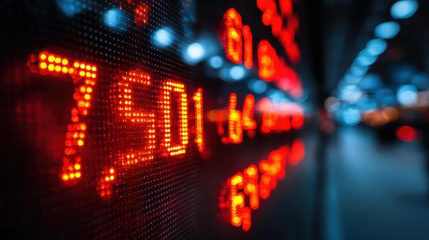Financial Stock Market Data Display Showing Red Numbers Indicating Decrease or Loss on Electronic Board photo
