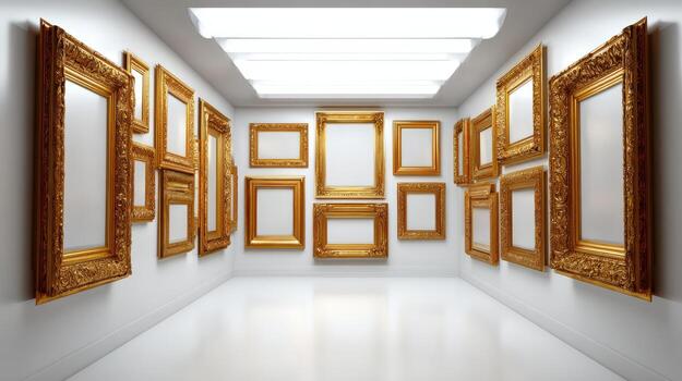 Ornate Empty Frames in Gallery Showcase Fine Art, Photography, or Design in a Modern Exhibition Space photo