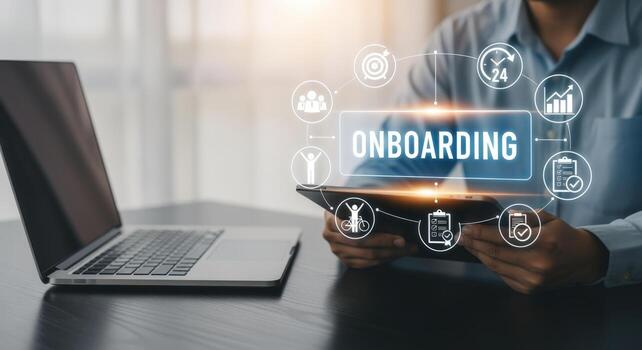 Onboarding Process Digital Transformation Concept Employee Receiving Company Welcome Using Tablet and Laptop for Connection and Growth photo