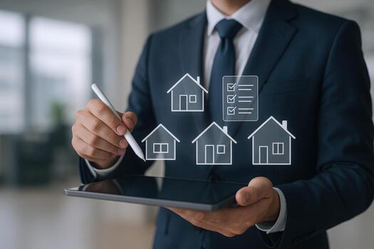 Real Estate Agent Analyzing Property Listings on a Tablet Device for Investment Opportunities and Client Acquisition photo