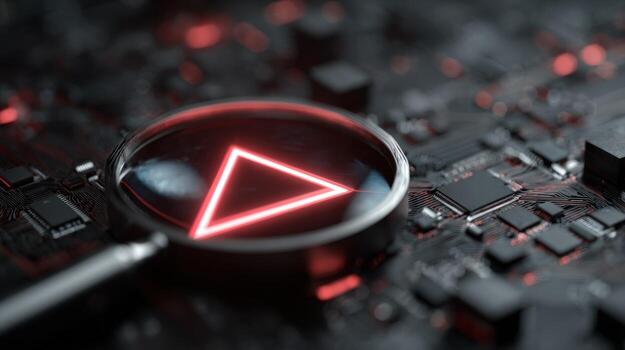 Abstract Triangle Red Neon Light on Dark Circuit Board with Magnifying Glass Macro photo