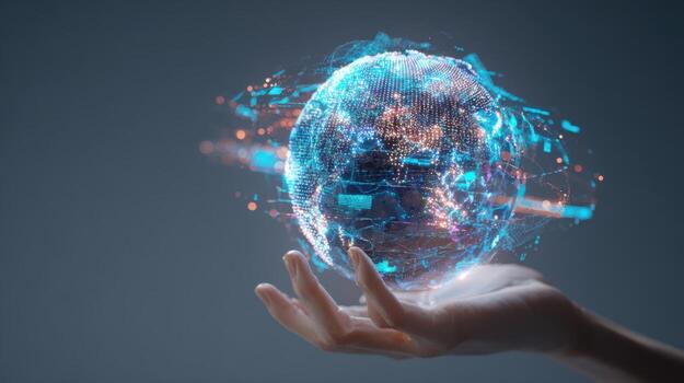 Digital Globe in Hand Conceptual Image of Global Connectivity, Future Technology, and Data Transmission photo