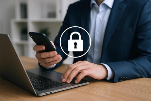 Businessman Securing Data with Mobile Device and Laptop, Illustrating Network Security and Privacy photo