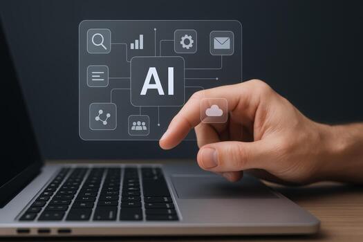 Artificial Intelligence Integration Hand Interacting with AI Interface on Laptop, Demonstrating Modern Technology and Connectivity photo