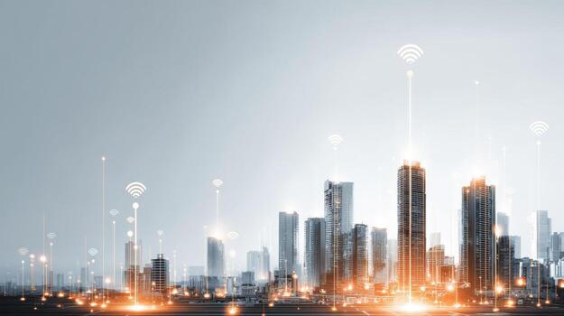 Futuristic Cityscape with Wireless Connectivity and Digital Network Infrastructure, Emphasizing Modern Technology and Urban Innovation photo