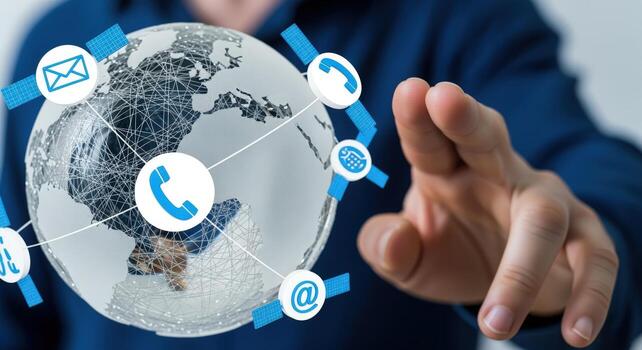 Global Communication Network Concept Hand Touching Digital Globe with Connection Icons, Representing Worldwide Business photo