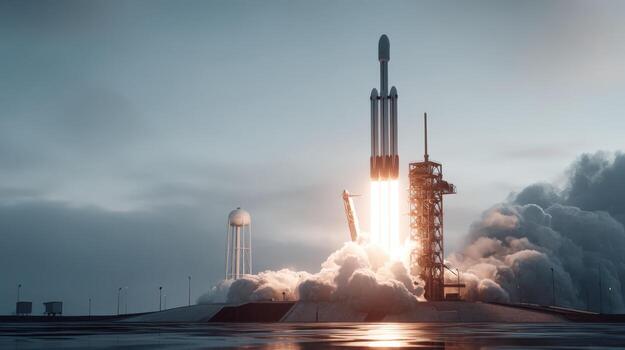 poderoso cohete lanzamiento dentro espacio con intenso llamas y fumar en contra un nublado cielo foto