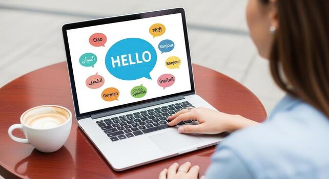 Woman uses laptop displaying Hello in different languages with coffee cup on the side photo