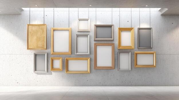 Modern Gallery Wall Mockup Featuring Assorted Empty Frames Hanging in a Bright Contemporary Space photo