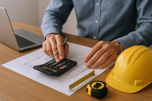 Construction Engineer Calculating Costs on Blueprint with Laptop and Safety Helmet in Office photo