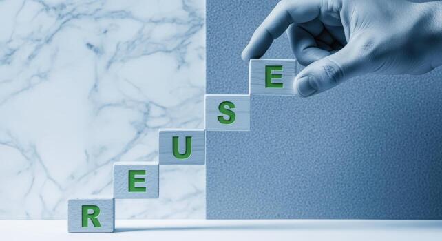 REUSE concept presented on wooden blocks Environmentally conscious resource management for sustainable practices photo