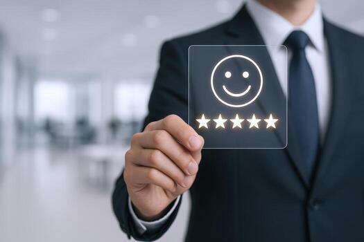 Businessman Displaying Five-Star Rating on Transparent Screen, Representing Positive Customer Feedback and Excellent Service Quality photo