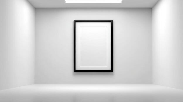 Modern Empty Gallery Room with Blank Framed Canvas on White Wall, Perfect for Art Mockups photo
