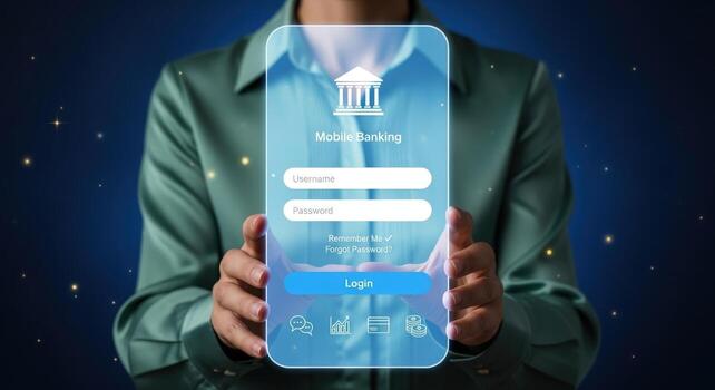 Woman Displays Mobile Banking App Interface on Transparent Screen for Finance and Technology Concepts photo