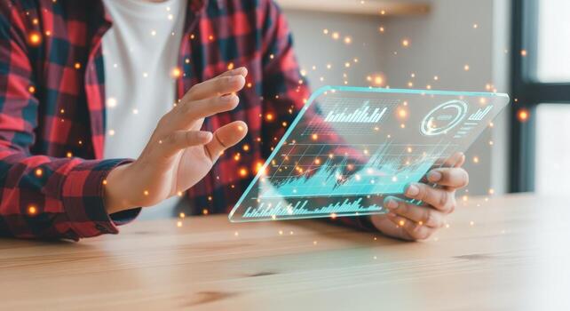Man Interacts with Transparent Holographic Tablet Displaying Data Visualizations for Business Intelligence and Innovation photo