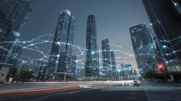 Futuristic Cityscape with High-Rise Buildings and Network Connection Visuals, Representing Digital Connectivity and Technological Advancement photo