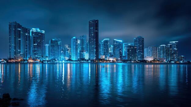 Nighttime Skyline View with Modern Architecture and Water Reflections, Cityscape with Illuminated Buildings photo