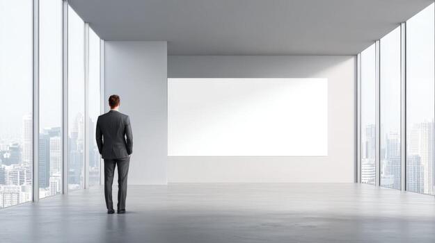 Businessman Standing in Modern Office Space with Large Windows and Blank Whiteboard Displaying Cityscape photo