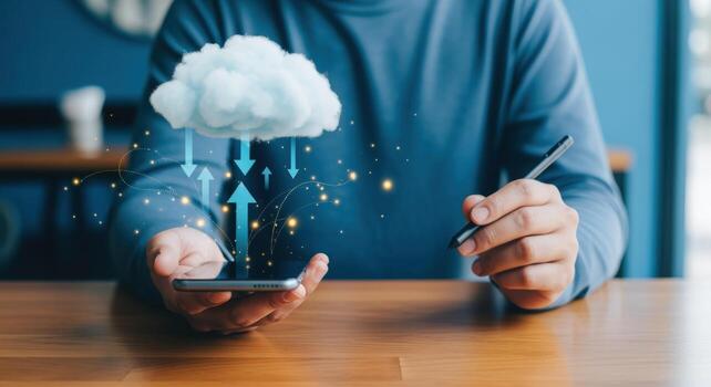 Cloud Computing Concept Man Uploading Data to Cloud Storage with a Mobile Phone photo