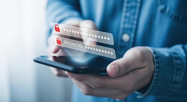Secure Login on Mobile Phone Mans Hands Holding Smartphone with Username and Password Fields Displayed photo