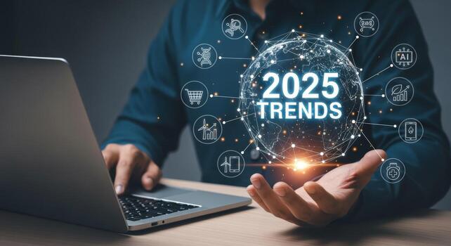 Future Technology Trends 2025 A Man with Laptop Exploring Innovation and Global Digital Transformation photo