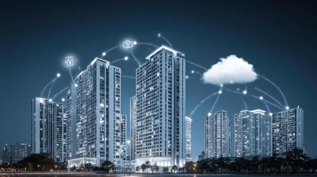 Smart City Connectivity Modern Buildings Integrated with Cloud Technology and Digital Network Infrastructure photo