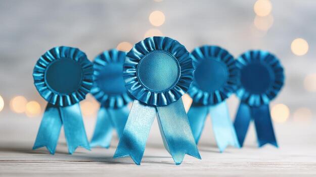 Set of Blue Ribbons Symbolizing Achievement, Quality, and Excellence in Competition and Recognition photo