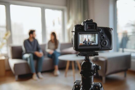 Behind the Scenes Camera Recording Interview with Couple on Sofa in Living Room photo