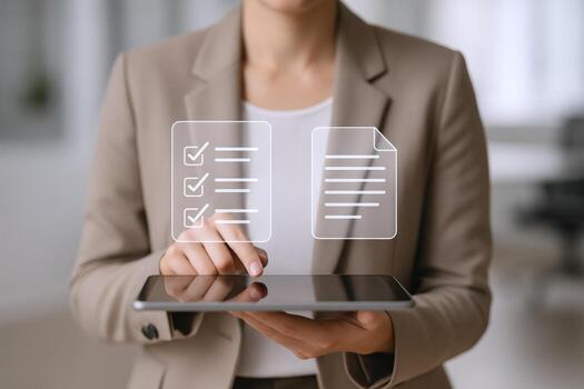 Businesswoman Using Tablet for Digital Checklist and Document Management, Streamlining Workflow and Enhancing Productivity photo
