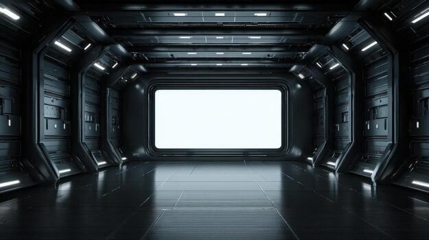 Futuristic Spaceship Interior Mockup with White Screen, Reflective Floor, and Advanced Technology Elements photo