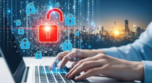 Cybersecurity Threat Landscape Hacker Exploiting Vulnerability, Data Breach in Cityscape Digital Network System photo