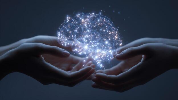 Artificial Intelligence Brain Simulation, Innovation Concept, and Futuristic Technology Held in Open Hands with Glowing Particles photo