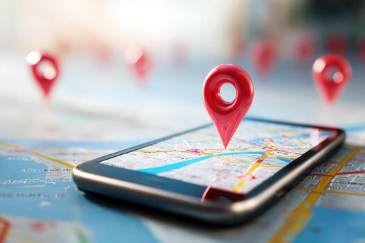 Mobile Navigation with Red Pin Markers on a City Map for Location Tracking and GPS photo
