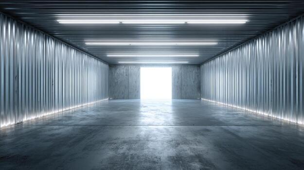 Abstract Concrete Tunnel with Illuminated Exit, Modern Architecture and Industrial Design, Futuristic Interior photo