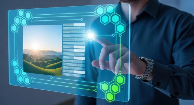 Man Interacting with a Futuristic Transparent Touchscreen Display for Data Analysis and Visualization of Digital Content photo