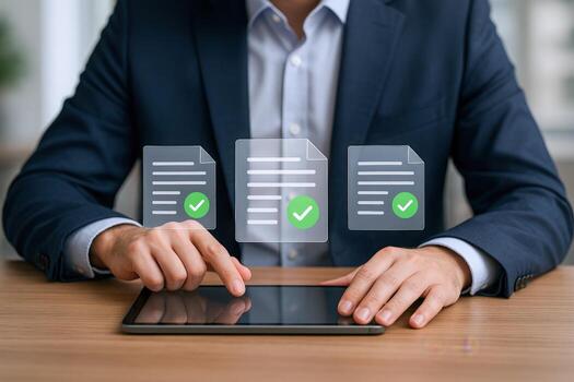 Digital document approval with person touching tablet screen, illustrating efficiency, and process completion photo