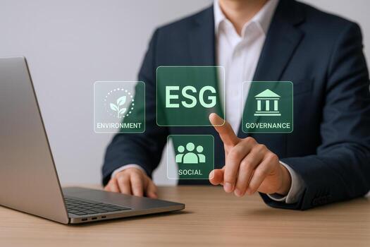 ESG Factors Concept Business Professional Interacting with Environment, Social, and Governance Indicators on Transparent Interface photo