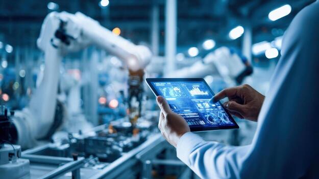 Engineer Monitoring Automated Robotic Arm Operation Using Tablet in Modern Manufacturing Facility for Production Optimization photo