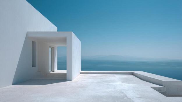 Minimalist Architecture with Sea View White Building Exterior with Clear Blue Sky and Ocean Background photo