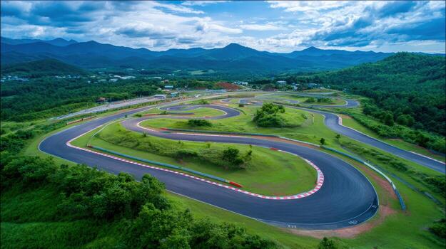 Aerial View of a Winding Asphalt Race Track Surrounded by Lush Greenery and Distant Mountain Range photo