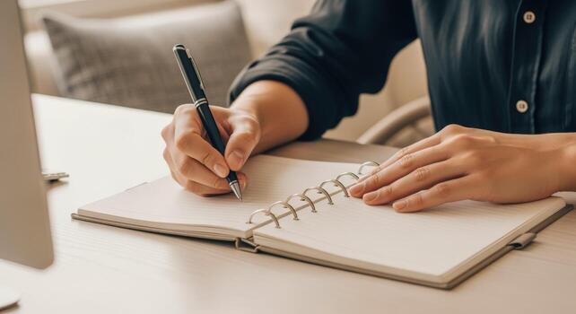 Person Writing in a Notebook with a Pen on a Bright Desk, Close-up View for Business Concepts photo