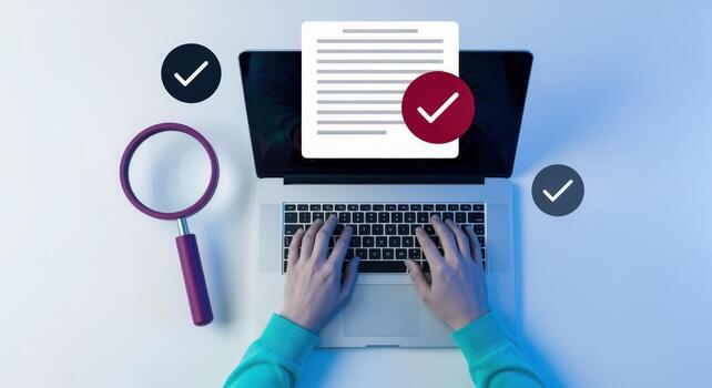 Laptop displaying document verification with magnifying glass and check marks indicating quality assurance, correctness and validation photo