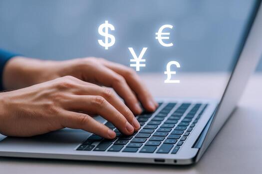 Global Finance and Online Currency Trading Man Typing on Laptop with Currency Symbols Overlay photo