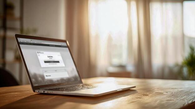 Laptop on Wooden Table Displaying Login Page in Bright Sunlight Home Environment photo