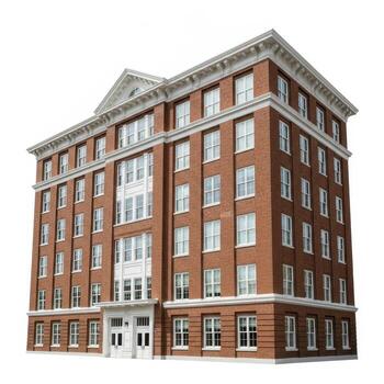 Classic brick building with large windows and architectural details on a bright day photo