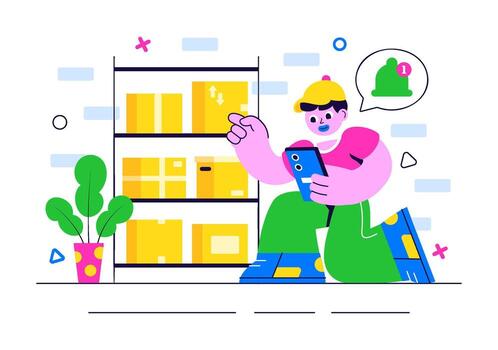 Man with smartphone near storage shelves vector